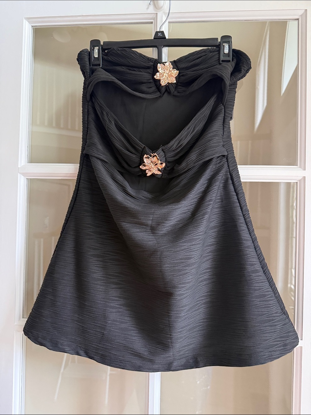 Black Strapless Coverup Dress with Gold Floral Accents
